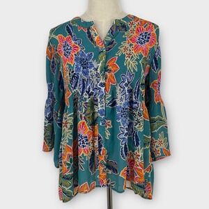 SPENSE Women Floral Print Pleated Blouse Tunic Shirt Top M Boho‎ Cottagecore